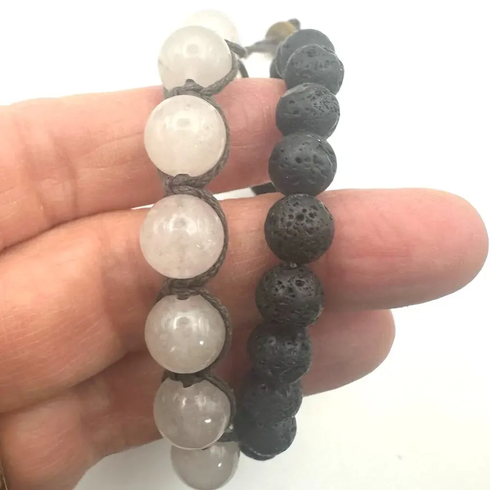 Rose Quartz Shamballa Bracelet Boho Bracelet Lot of 2 Black Lava Stone Beads